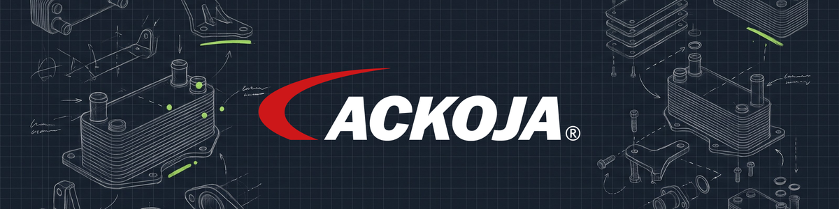 ACKOJA transmission parts — blueprint illustration of a stacked-plate automatic transmission oil cooler