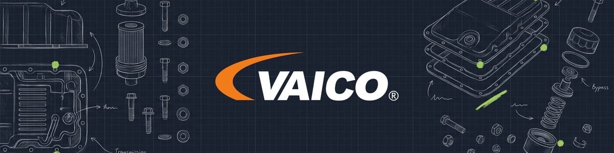 VAICO transmission and driveline parts — blueprint illustration of a gearbox sump pan, oil filter and bolt kit