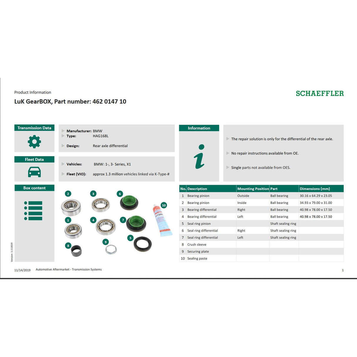 BMW Rear Differential Repair Bearing Kit LuK 462014710 Eco Torque