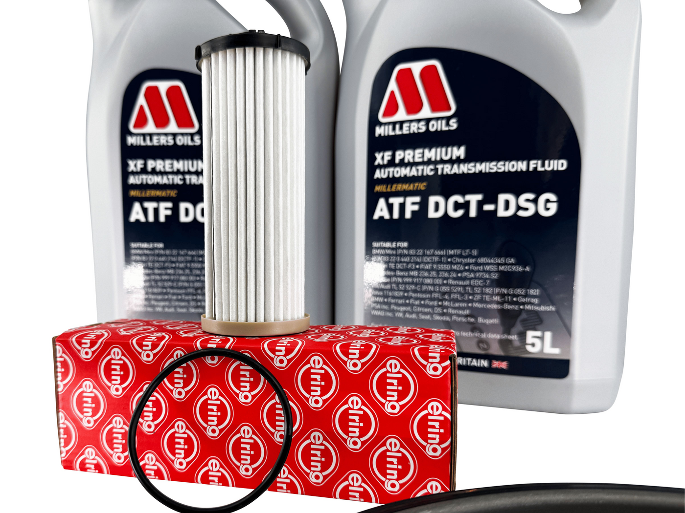 Two bottles of Millers Oils ATF DCT-DSG fluid with a filter and packaging on a white background.