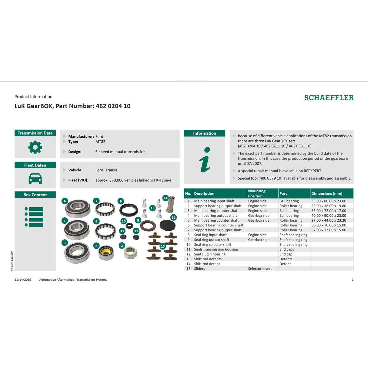 Ford Transit MT82 6 Speed Manual Gearbox Bearing Seal Rebuild Kit 462020410