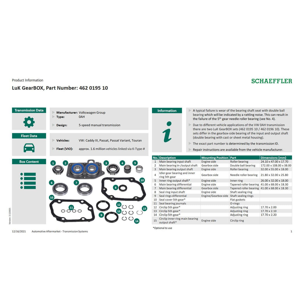 LuK VW Caddy / Passat / Touran 0AH 5 Speed Gearbox Bearing and Oil Seal Rebuild Kit 462019510