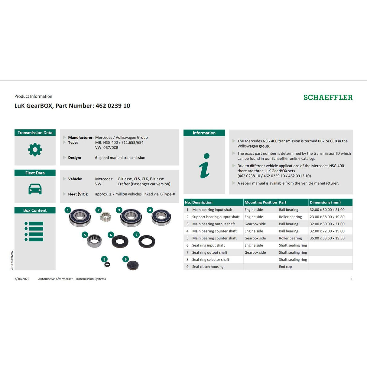 Mercedes VW NSG400 0B7 0CB 6 Speed Manual Gearbox Bearing Repair Set 462023910