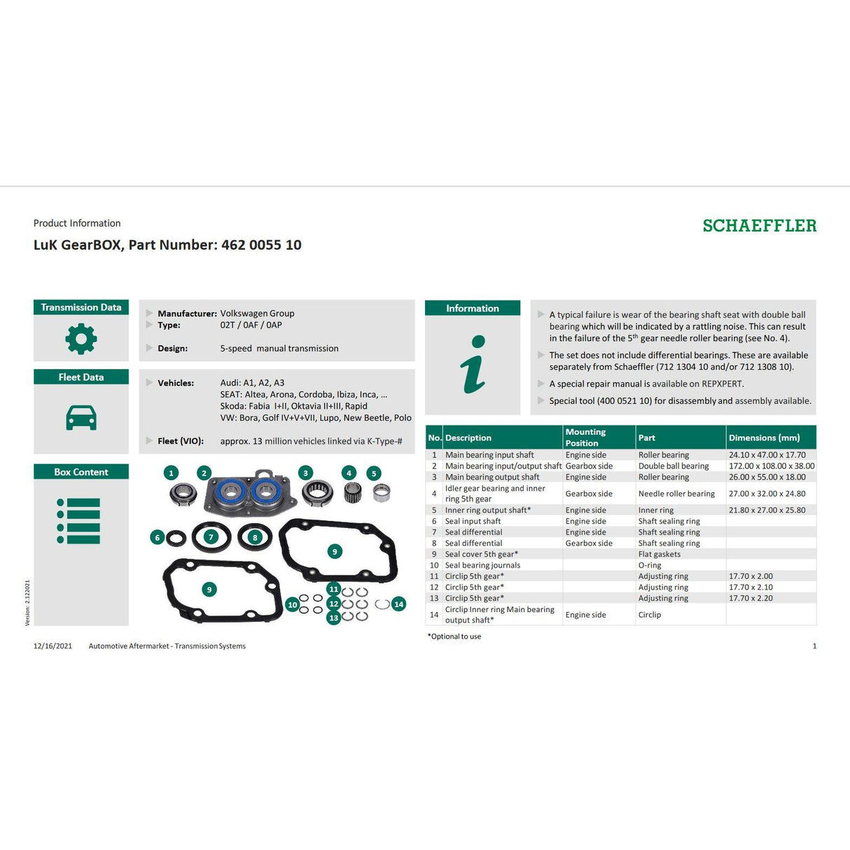 VW 02T Gearbox Bearing and Oil Seal Rebuild Kit 5 Speed 462005510 Eco Torque
