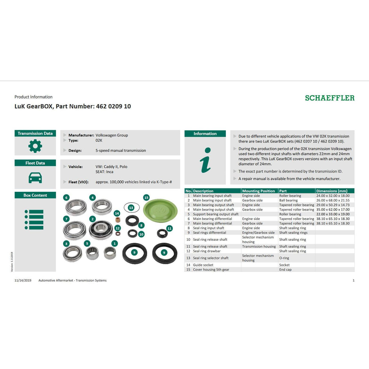 VW Caddy Polo SEAT Inca 02K 5 Speed Gearbox Bearing and Seal Rebuild Kit 462020910