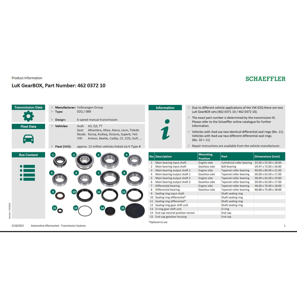02Q & 0BB 6 Speed Gearbox Bearing Rebuild Kit 462037210 - 02M311220A