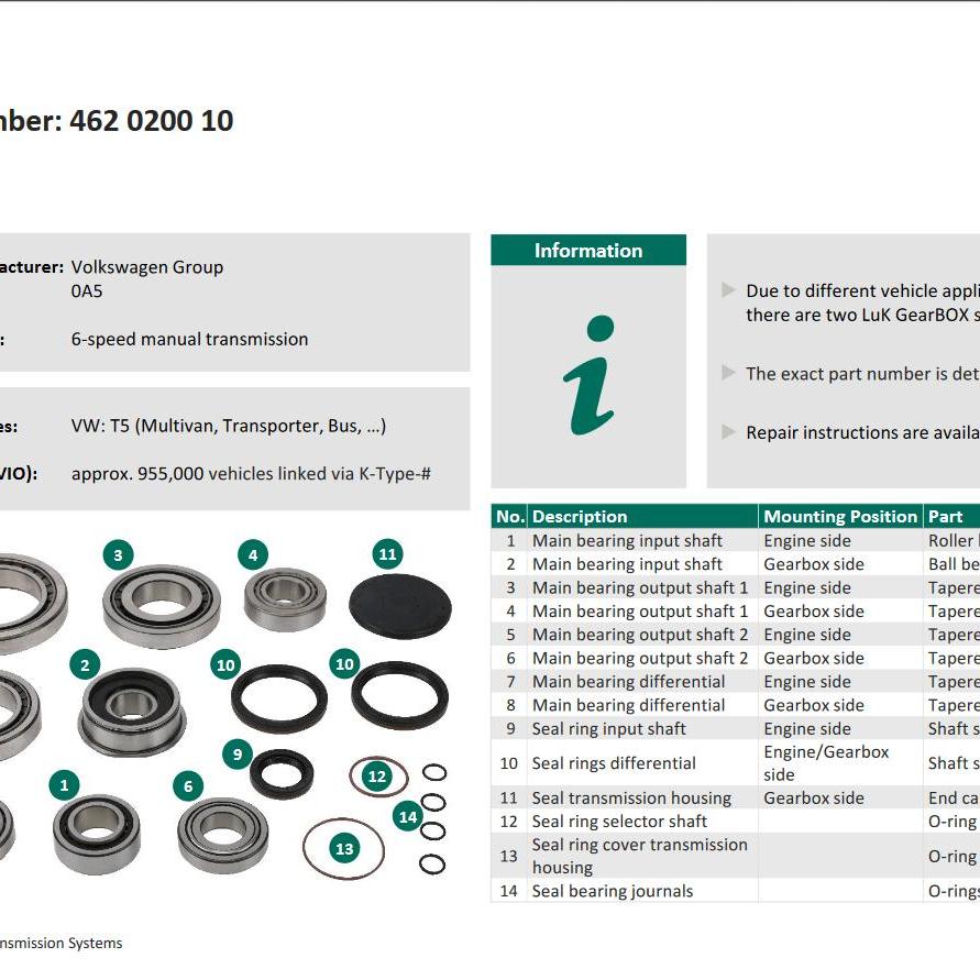 0A5 6 Speed Manual Bearing & Seal Gearbox Rebuild Kit 462020010 VW T5