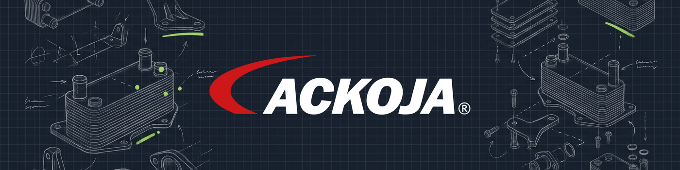ACKOJA transmission parts — blueprint illustration of a stacked-plate automatic transmission oil cooler