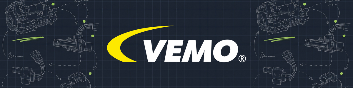 VEMO transmission electronics — blueprint illustration of a mechatronic unit, speed sensor and shift valve