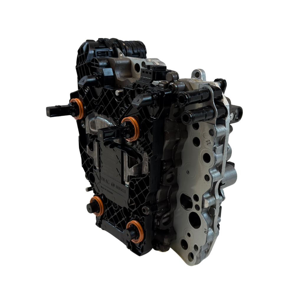 Clean product image of a 0BH DQ500 mechatronic assembly used in DSG gearbox systems