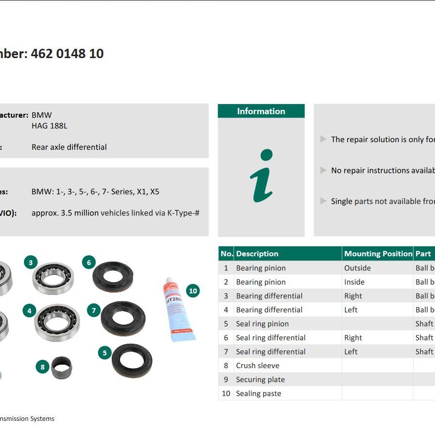 BMW 1, 3, 5, 6, 7, X1, X5 Series Type 188 Rear Differential Repair Bearing Kit LuK 462014810