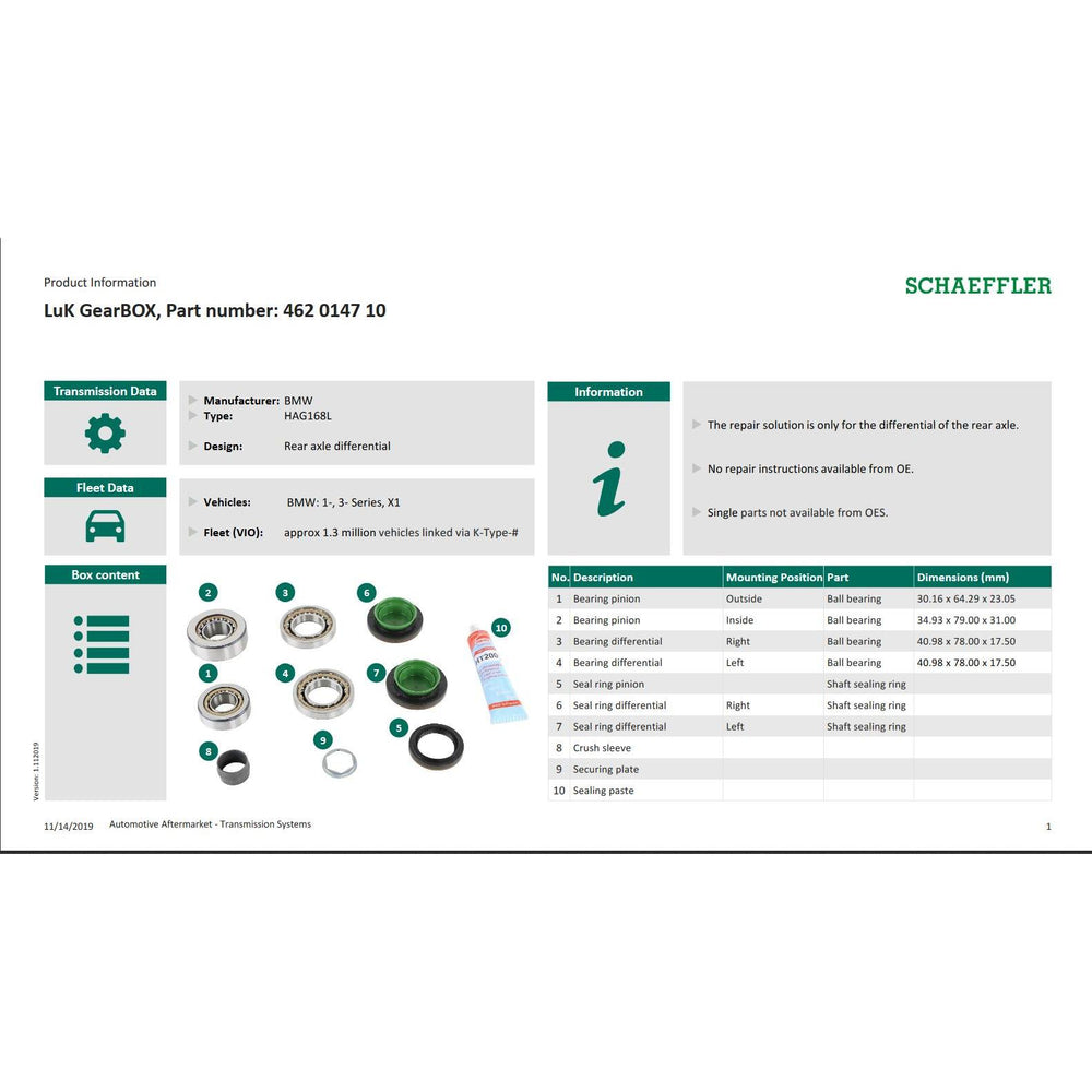 BMW Rear Differential Repair Bearing Kit LuK 462014710 Eco Torque