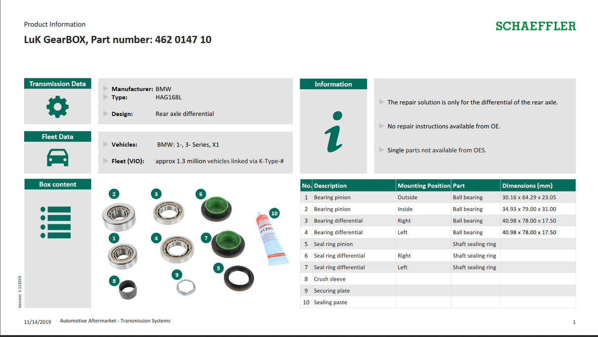 BMW Rear Differential Repair Bearing Kit LuK 462014710 Eco Torque