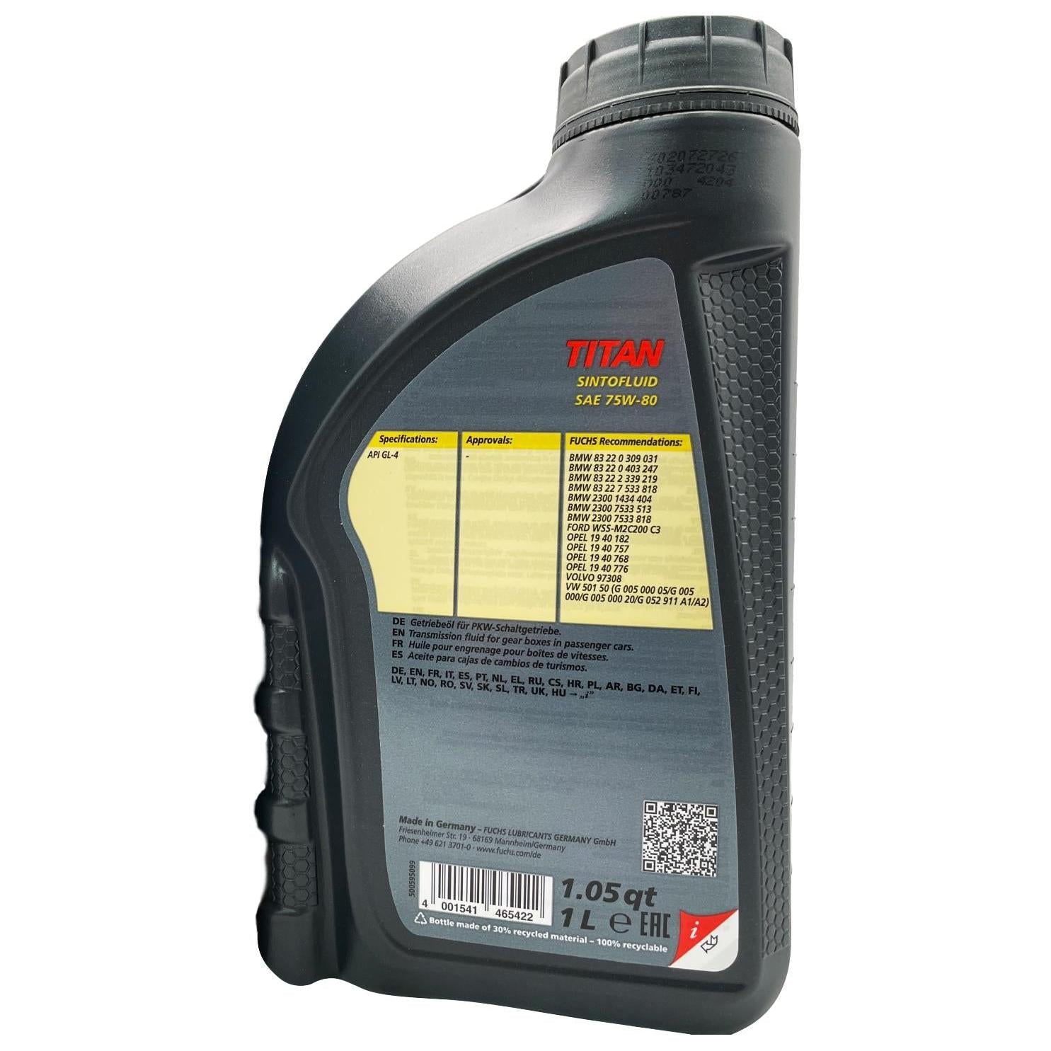 Fuchs Titan Sintofluid SAE 75W-80 Synthetic Manual Transmission Oil 1L Eco Torque