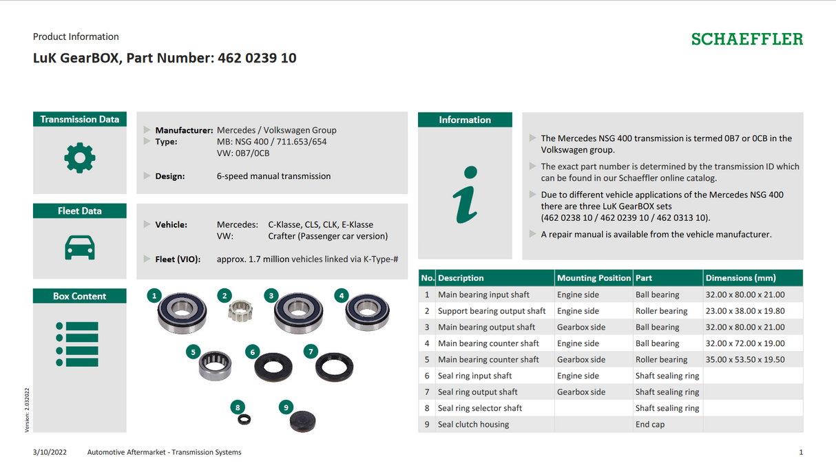 Mercedes VW NSG400 0B7 0CB 6 Speed Manual Gearbox Bearing Repair Set 462023910