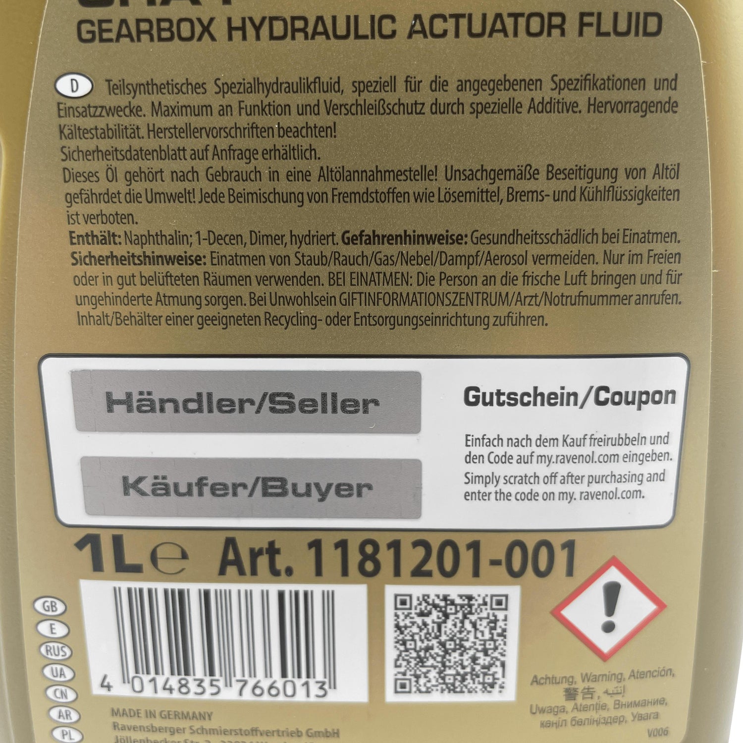 Ravenol Oil 1L GHA-F Selespeed and Dualogic Gearbox Actuator Oil 9.55550-SA1 Eco Torque
