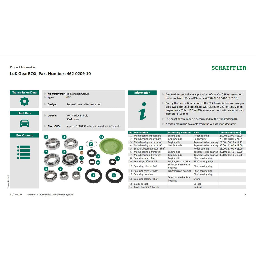 VW Caddy Polo SEAT Inca 02K 5 Speed Gearbox Bearing and Seal Rebuild Kit 462020910