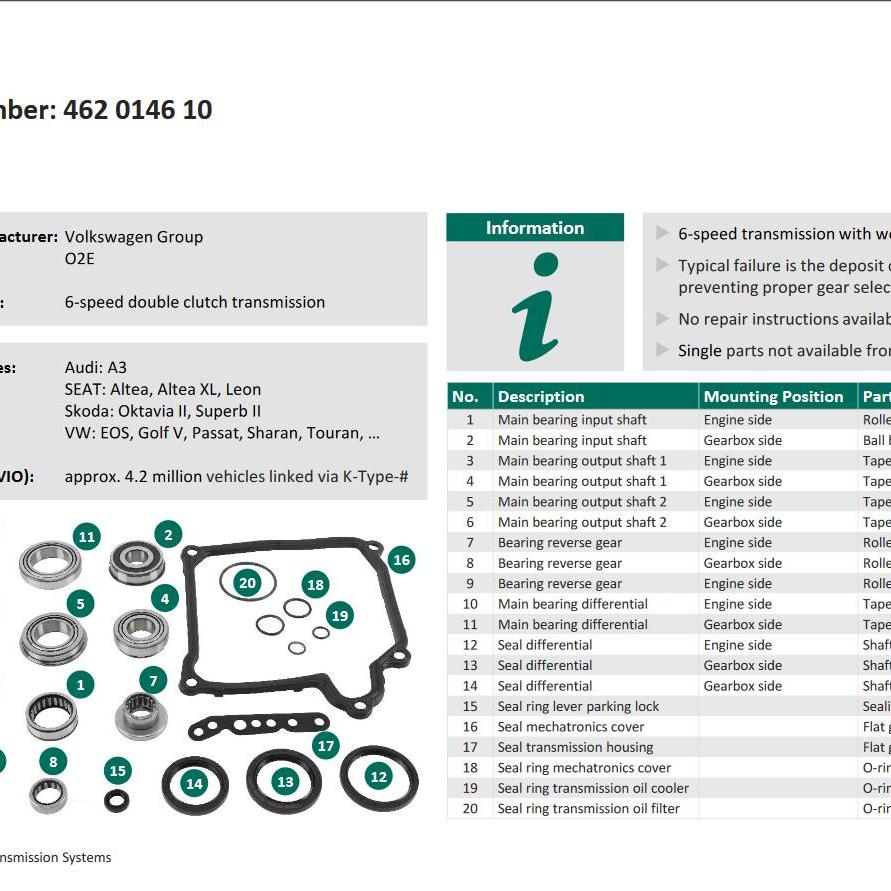 VW Golf 02E Genuine Gearbox Bearing Seal Overhaul Rebuild Kit Eco Torque